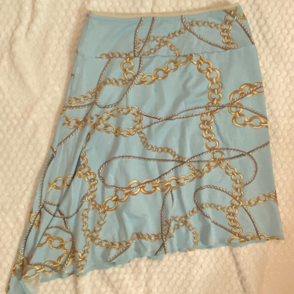 Celine Light Blue and Gold Chain Pattern A-Line Skirt